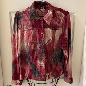 Southern Lady Abstract Print Blouse Sz 8 Red Button Up Retro Top Textured EUC